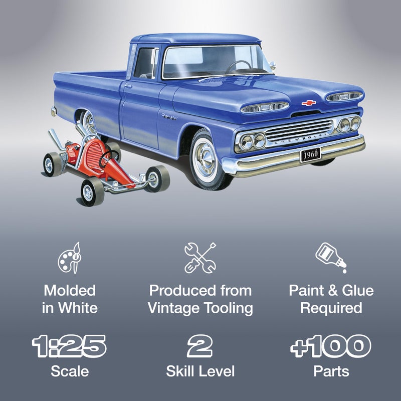 AMT 1960 Chevy Custom Fleetside Pickup w-Go Kart 1:25 Scale Model Kit - Image 2